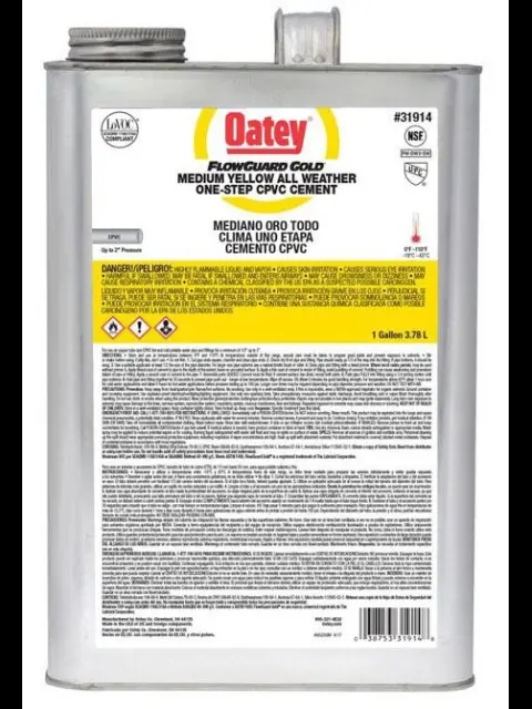 CAN CONTAINER TYPE; 1 GALLON CONTAINER SIZE; 2 INCH DIA PIPE SIZE; YELLOW COLOR; 180 DEG F BONDING TEMPERATURE; APPLICATION CPVC; LO-V.O.C FLOWGUARD[R] GOLD[T] BRAND; 31914 MODEL; POTABLE WATER SYSTEM