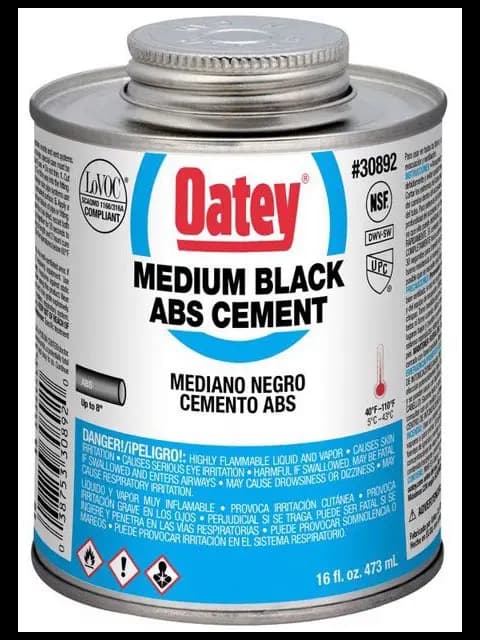 MEDIUM; CAN CONTAINER TYPE; 16 OZ,CONTAINER SIZE; 6 INCH DIA PIPE,SIZE; BLACK COLOR; 40 TO 100 DEG F,BONDING TEMPERATURE; APPLICATION,ABS, ABS-DWV; 30892 MODEL