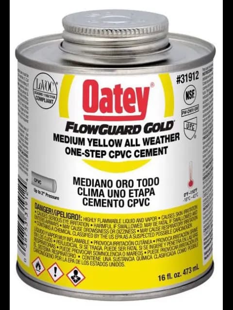 CAN CONTAINER TYPE; 16 OZ CONTAINER,SIZE; 2 INCH DIA PIPE SIZE; YELLOW,COLOR; 180 DEG F BONDING,TEMPERATURE; APPLICATION CPVC;,LO-V.O.C, FLOWGUARD[R], GOLD[T],BRAND; 31912 MODEL; POTABLE WATER,SYSTEM