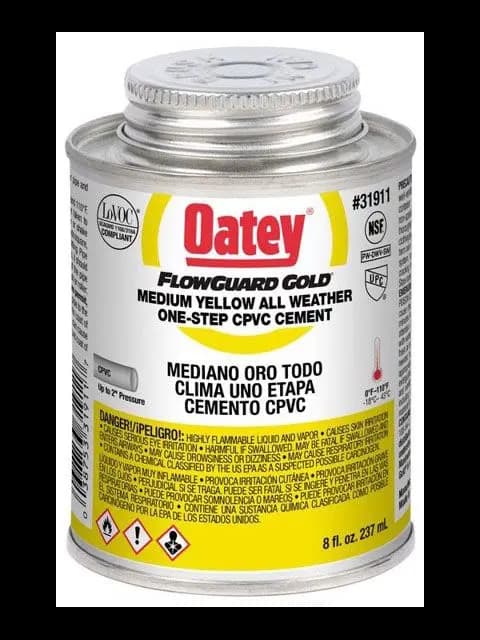 CAN CONTAINER TYPE; 8 OZ CONTAINER,SIZE; 2 INCH DIA PIPE SIZE; YELLOW,COLOR; 180 DEG F BONDING,TEMPERATURE; APPLICATION CPVC;,LO-V.O.C, FLOWGUARD[R], GOLD[T],BRAND; 31911 MODEL; POTABLE WATER,SYSTEM