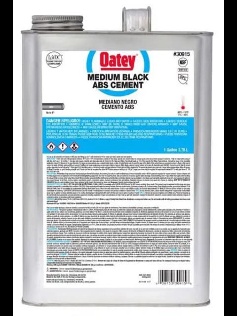 MEDIUM; CAN CONTAINER TYPE; 1,GALLON CONTAINER SIZE; 6 INCH DIA,PIPE SIZE; BLACK COLOR; 40 TO 100,DEG F BONDING TEMPERATURE;,APPLICATION ABS, ABS-DWV; 30915,MODEL