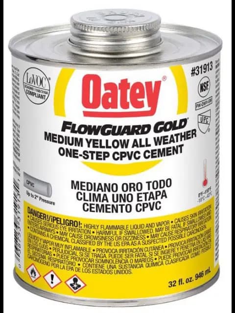 CAN CONTAINER TYPE; 32 OZ CONTAINER,SIZE; 2 INCH DIA PIPE SIZE; YELLOW,COLOR; 180 DEG F BONDING,TEMPERATURE; APPLICATION CPVC;,LO-V.O.C, FLOWGUARD[R], GOLD[T],BRAND; 31913 MODEL; POTABLE WATER,SYSTEM